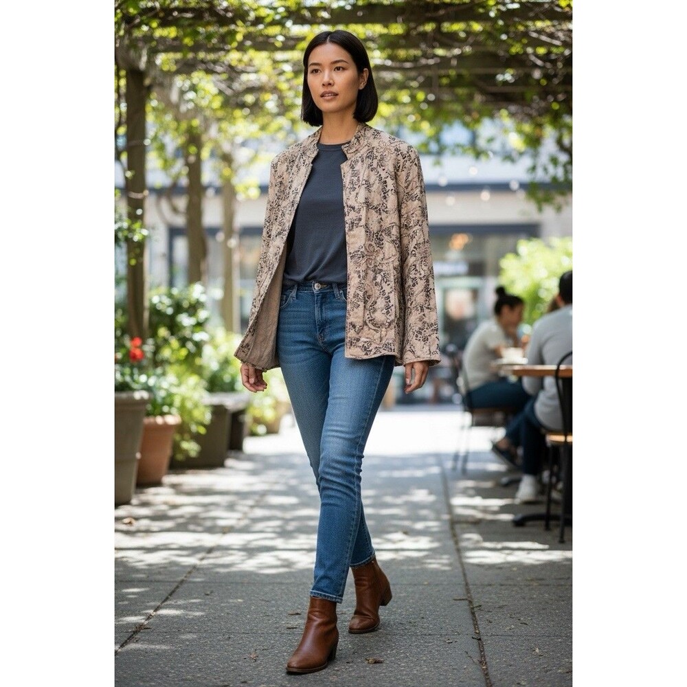 Chico's Sz 1 Med Beige Art to Wear Fly Away Floral Printed Silk Linen Jacket